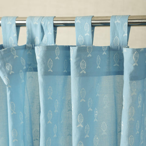 Blue fish block printed hand dyed mulmul cotton window curtain with handcrafted design and tab-top loops