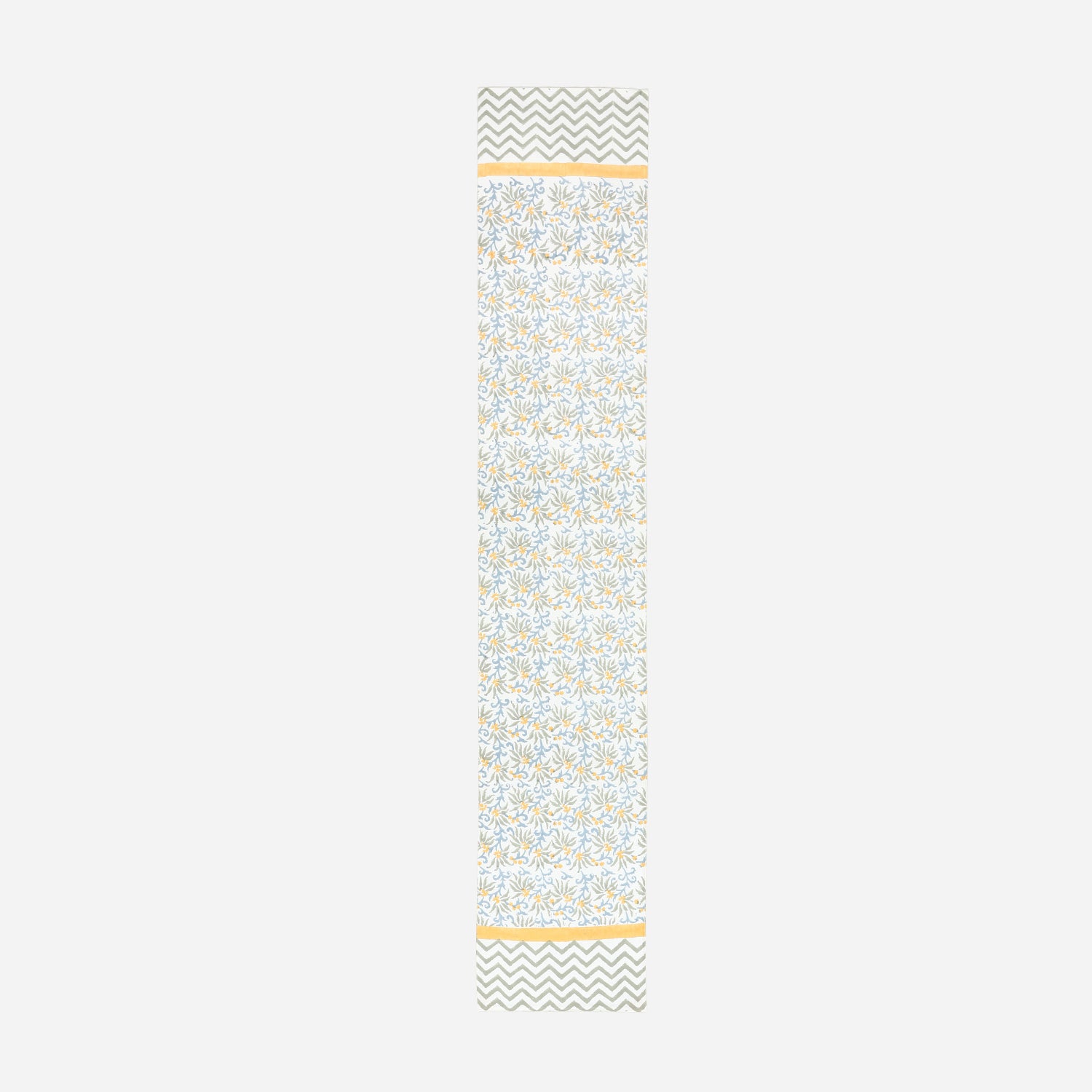 Full length cotton table runner with blue floral pattern yellow accents and decorative border design