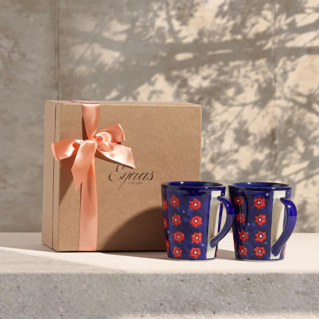 Blue floral hand painted ceramic coffee mug gift set of two beautifully styled for gifting with elegant gift box presentation for housewarming Diwali and special occasions