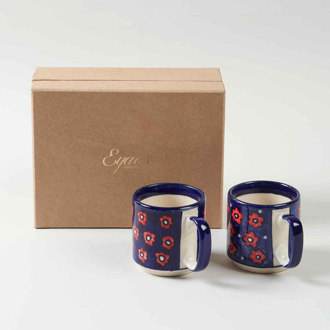 Blue floral hand-painted ceramic mug gift pack of two, presented in a cardboard gift box for festive and corporate gifting