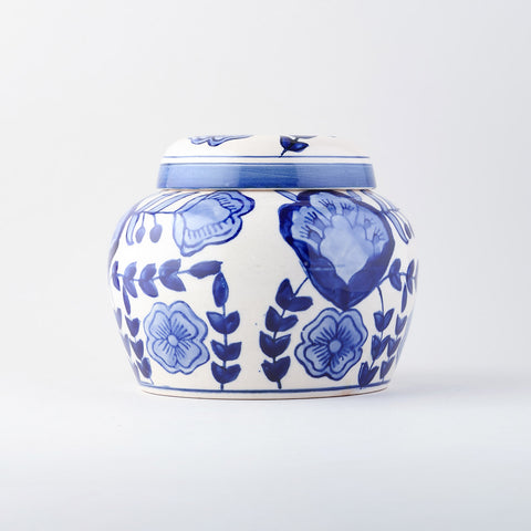 Full-size ceramic storage jar with blue floral design and lid suitable for kitchen storage and organization