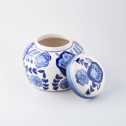 Blue floral ceramic storage jar with matching lid, handcrafted in Khurja and finished with a glossy glaze