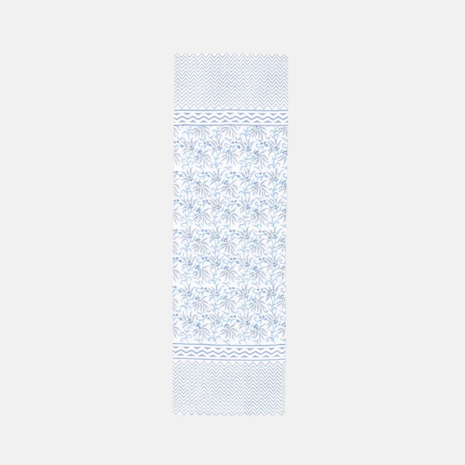 Full-size blue lily floral table runner crafted from cotton sheeting with hand block printed vine motifs