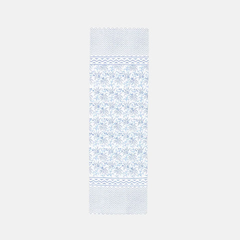 Full-size blue lily floral table runner crafted from cotton sheeting with hand block printed vine motifs