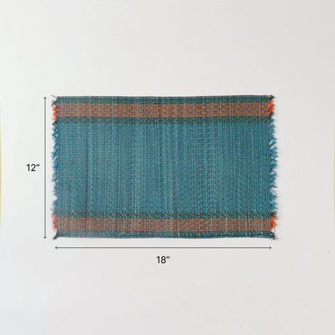 Size chart of blue Madhurkathi placemats showing dimensions of 12 x 18 inches for dining table settings