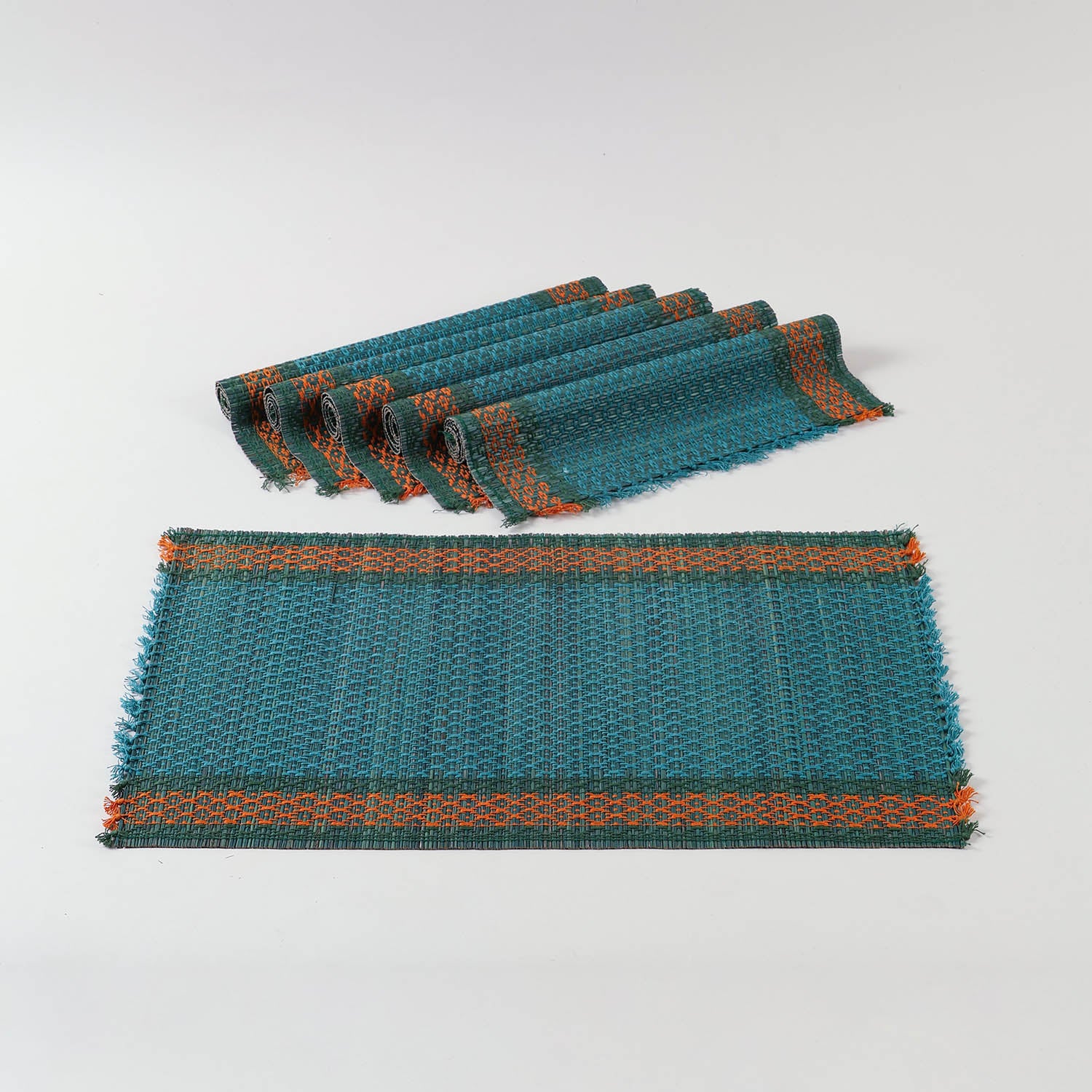 Set of 6 handmade blue Madurkathi placemats featuring natural river grass weaving and colourful border accents