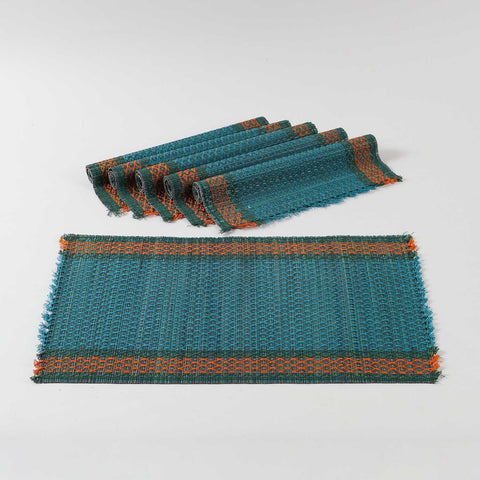 Handmade blue Madurkathi placemats set of 6 featuring natural river grass weave and contrasting border details