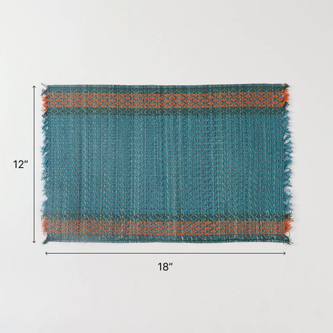 Size chart of blue Madurkathi placemat dimensions of 18 x 12 inches