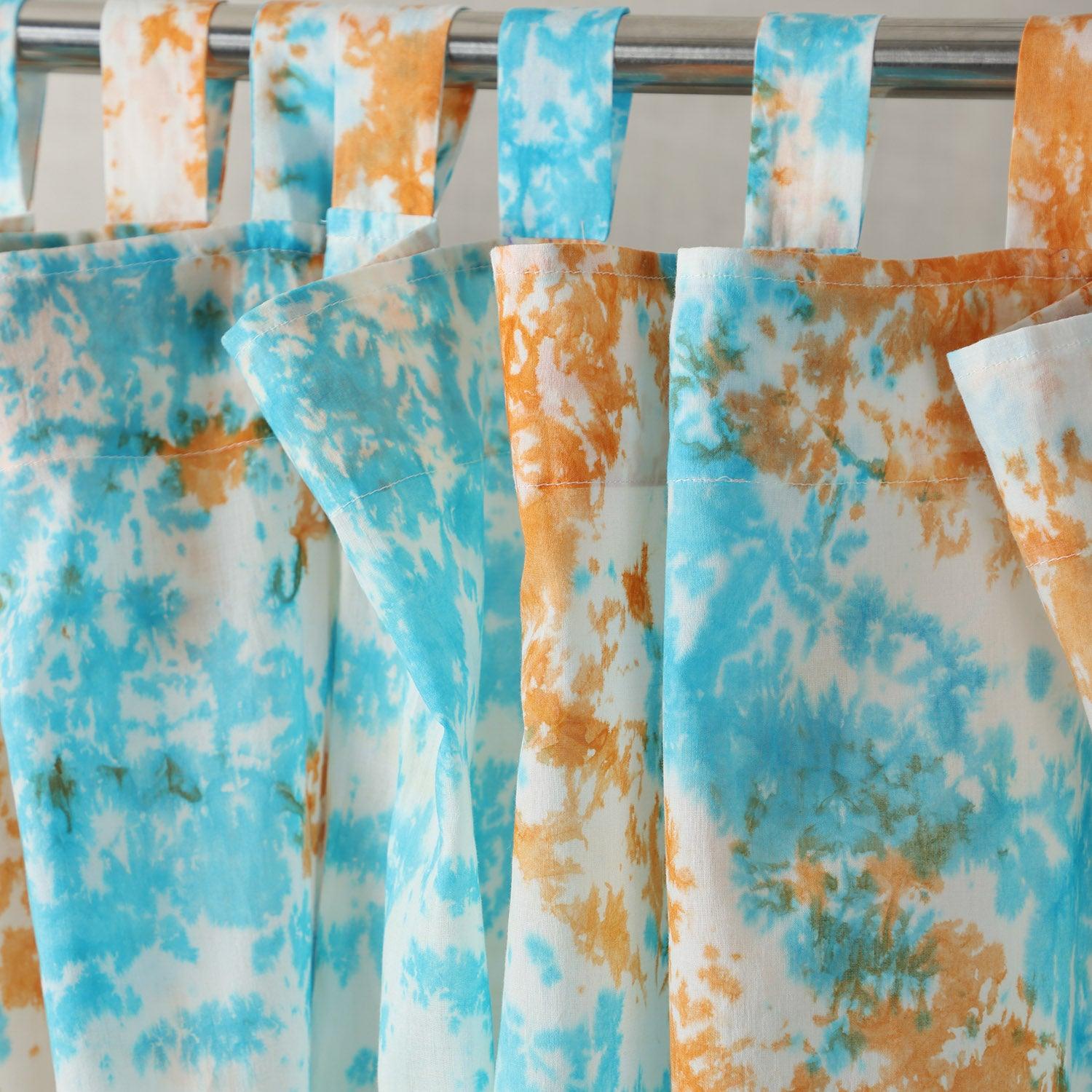 Blue and orange tie-dye mulmul cotton window curtain with a soft handcrafted finish