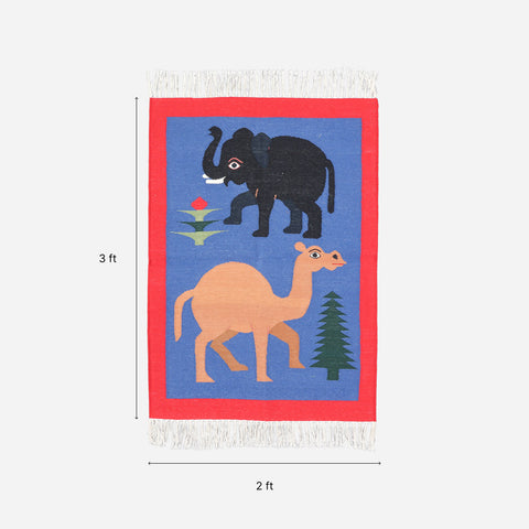 2 x 3 ft handwoven cotton rug size guide featuring camel and elephant motifs inspired by Rajasthan folk art