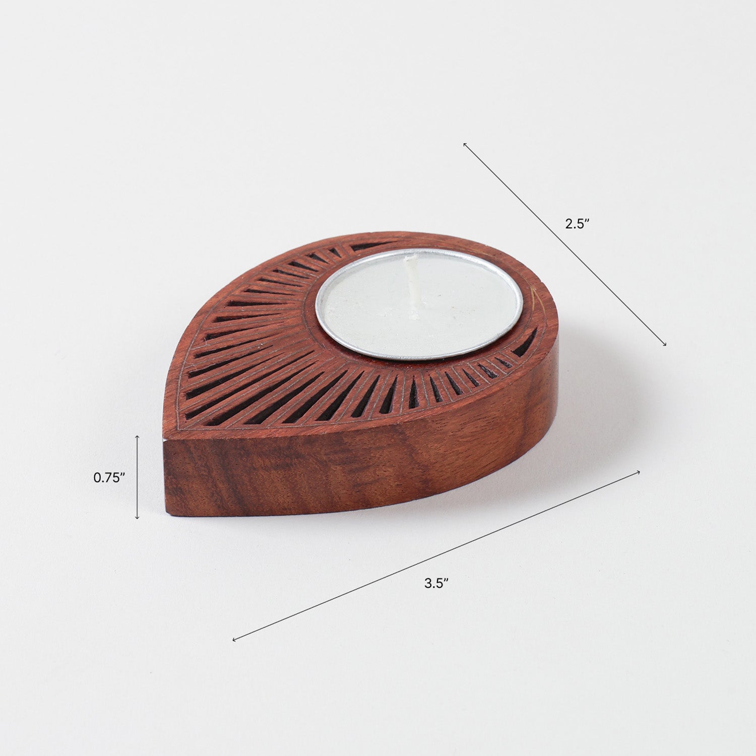 Size chart of Brass Inlay Raindrop wooden T-light holders showing dimensions of 3.5 x 2.5 x 0.75 inches each