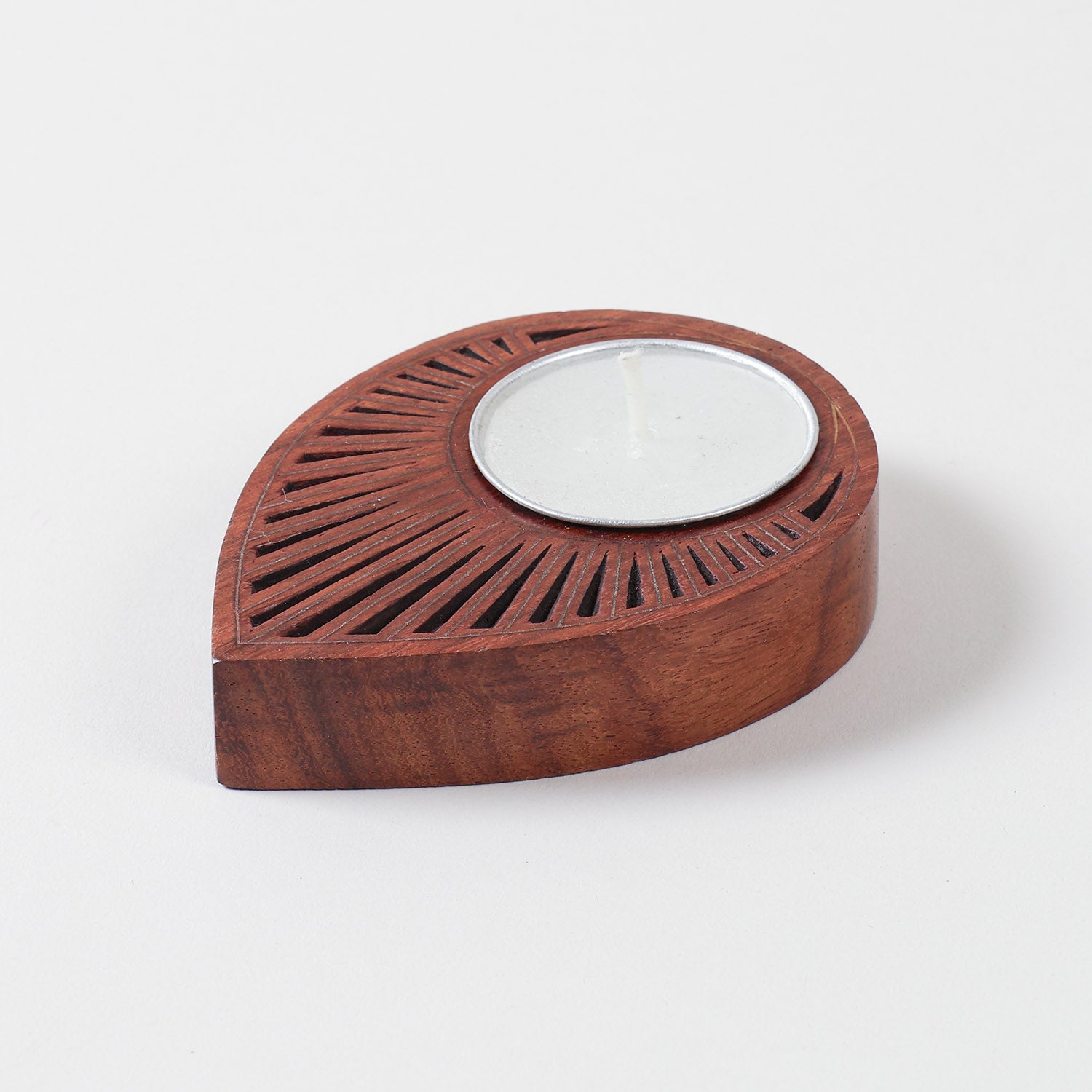 Single raindrop-shaped wooden T-light holder with intricate brass inlay work, handcrafted for elegant home decor and candle displays