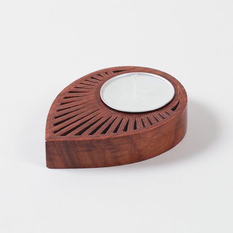 Single raindrop-shaped wooden T-light holder with intricate brass inlay work, handcrafted for elegant home decor and candle displays