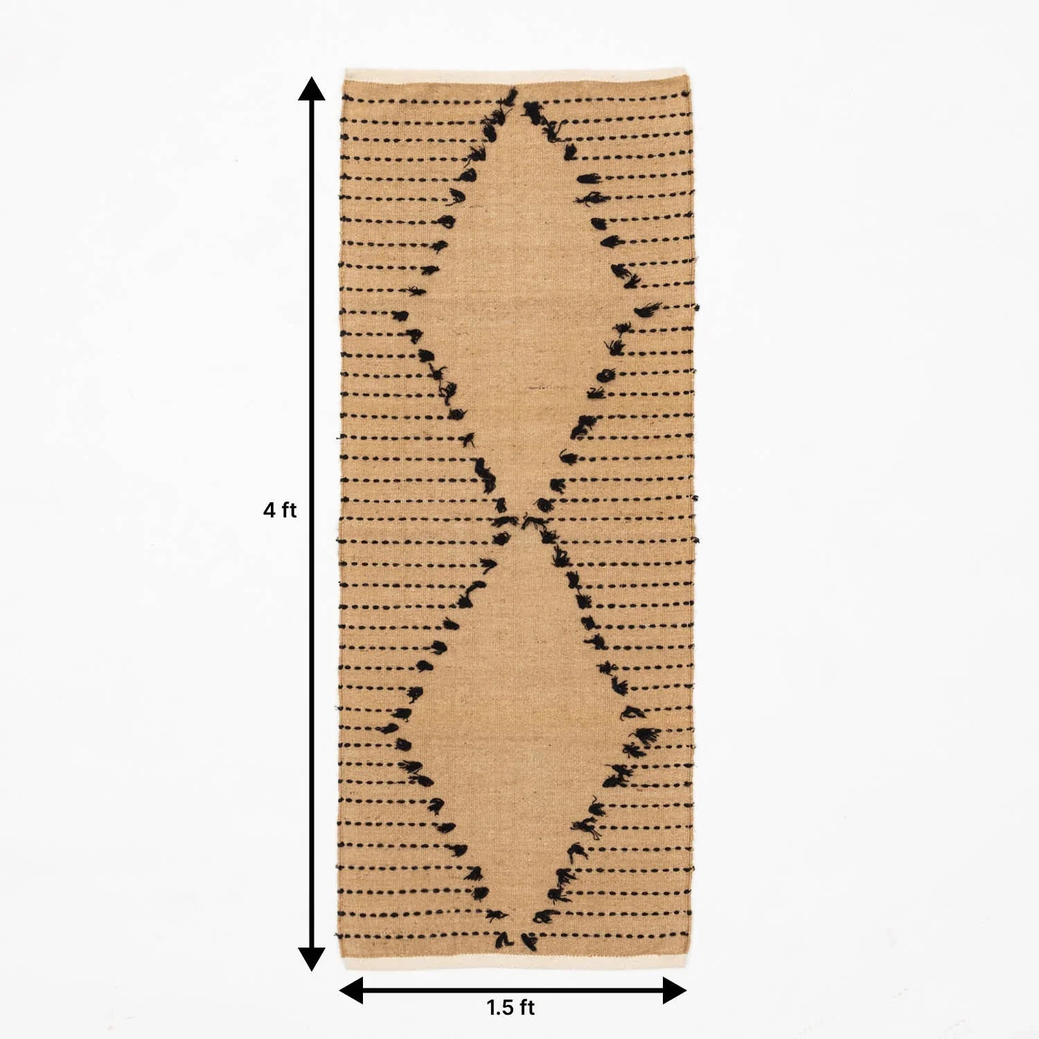 Brown handwoven cotton jute dhurrie rug featuring black dotted stripe patterns across the surface