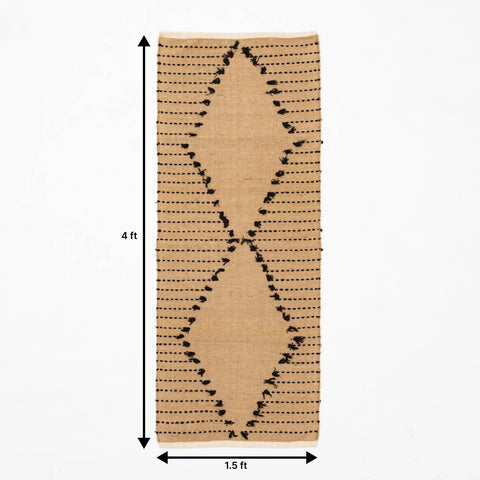 Brown handwoven cotton jute dhurrie rug featuring black dotted stripe patterns across the surface