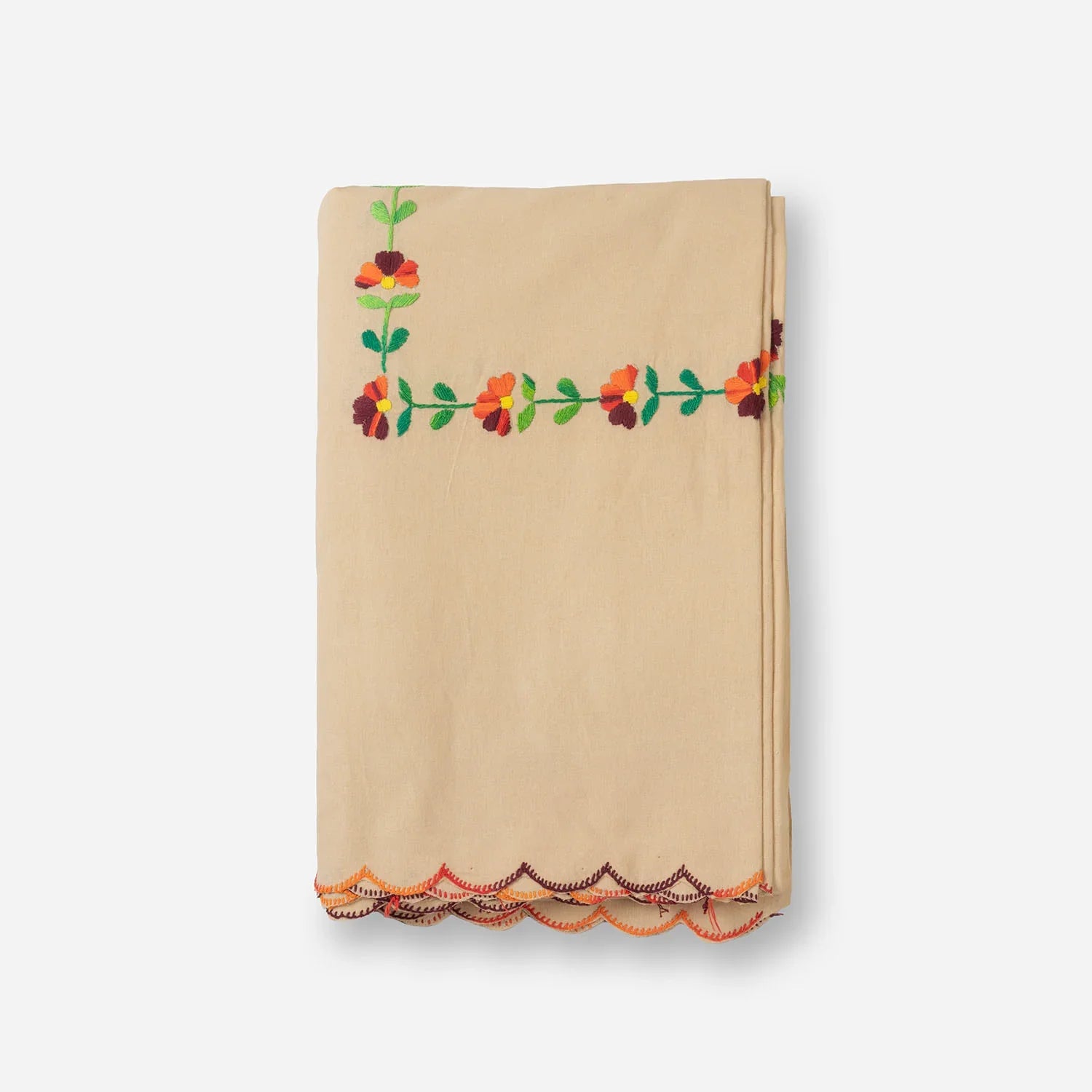 Folded brown cotton king size bedcover showcasing colourful Bengal chikankari embroidery and fabric texture