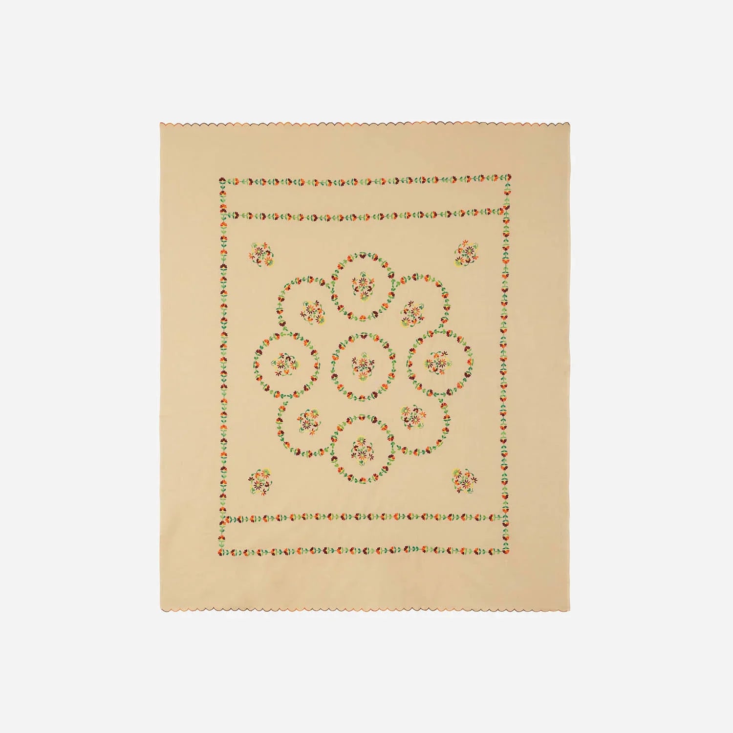 Full view of a brown embroidered king size bedcover showcasing colourful Bengal chikankari embroidery