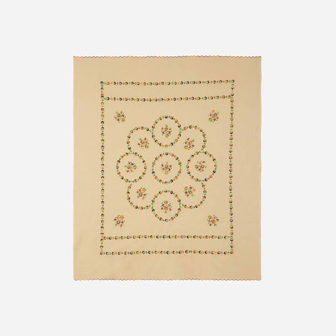 Full view of a brown embroidered king size bedcover showcasing colourful Bengal chikankari embroidery