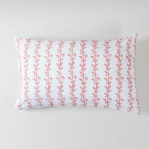 Block print pillow cover made from soft cotton, featuring a brown and red climbing vine pattern created using traditional hand block print techniques