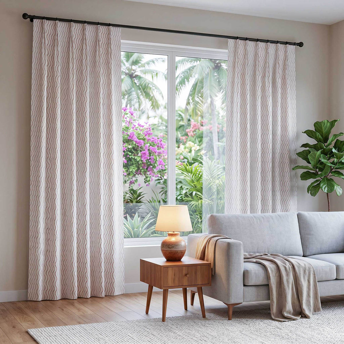 Hand block printed cotton curtains for the living room featuring brown wave patterns on grey fabric.