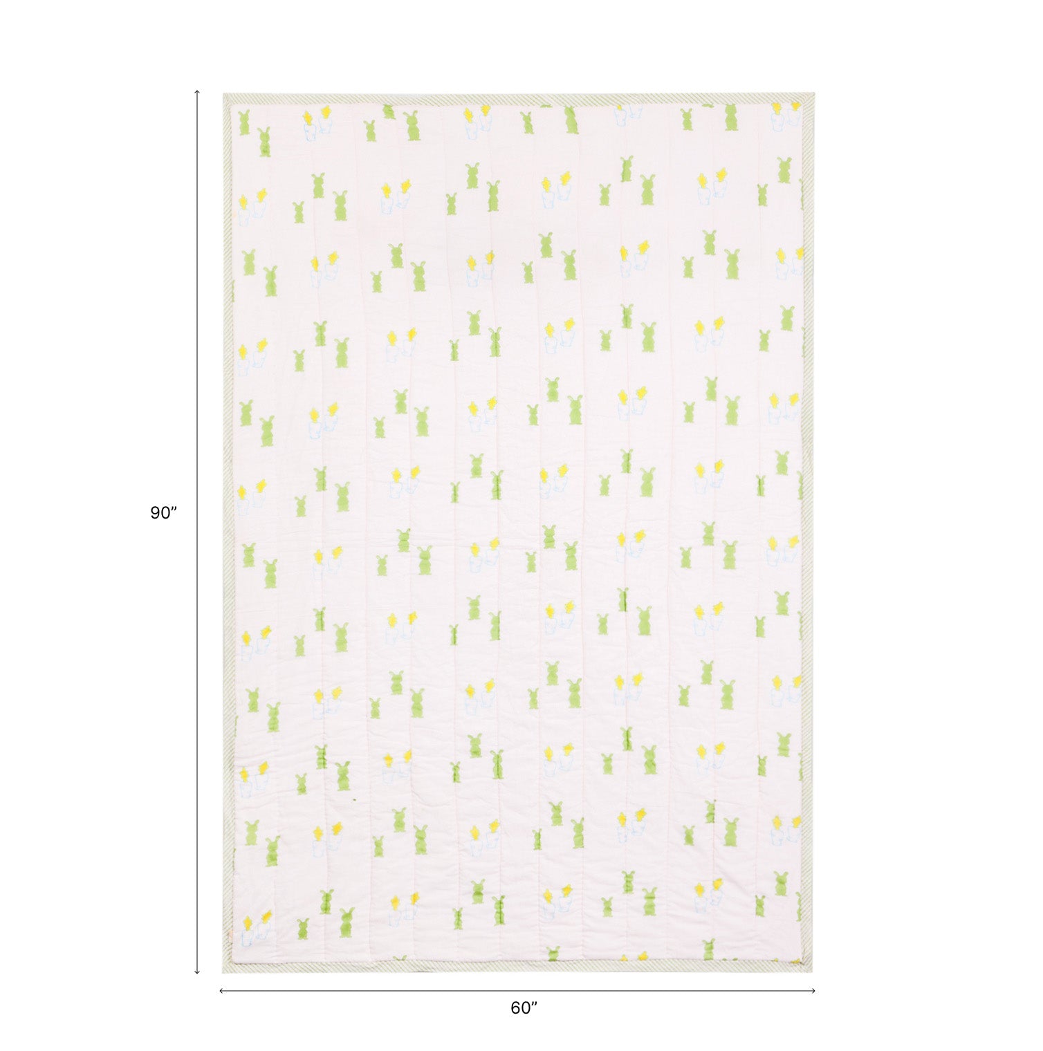 Size chart of Bunny with Carrot block print quilt showing dimensions of 60 inches x 90 inches suitable for a single bed