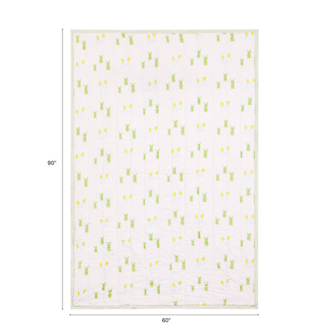 Size chart of Bunny with Carrot block print quilt showing dimensions of 60 inches x 90 inches suitable for a single bed