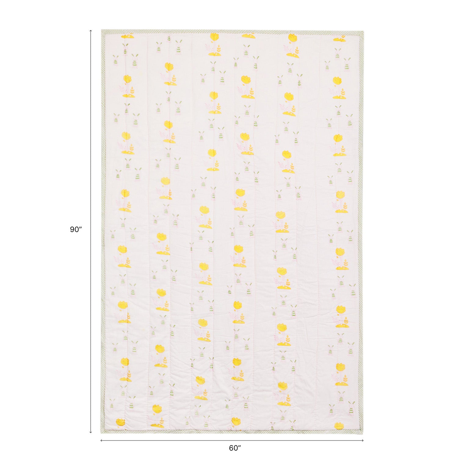 Size chart of Bunny with Tree block print quilt showing dimensions of 60 inches x 90 inches suitable for a single bed