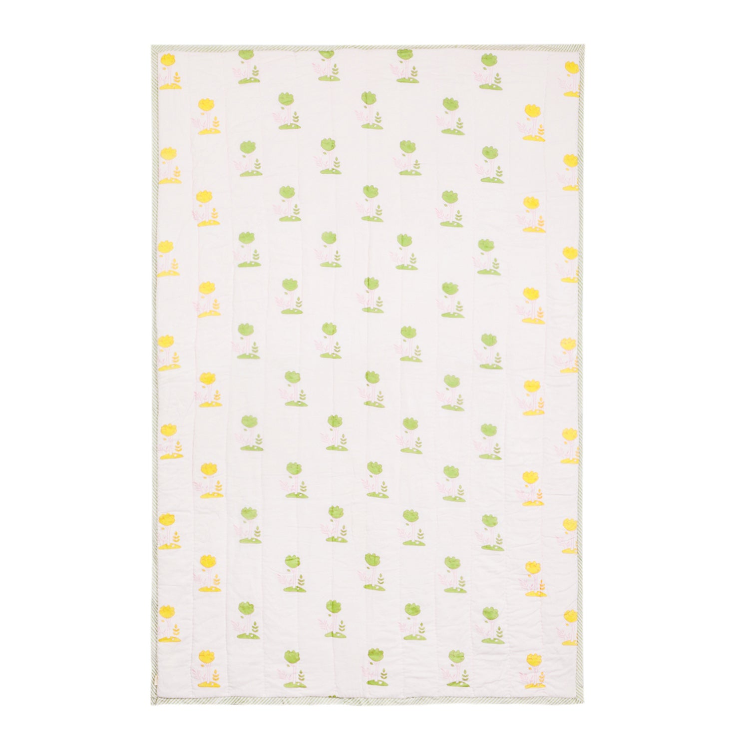 Reversible cotton quilt showcasing playful bunny and tree block printed patterns, suitable as a lightweight quilt and summer blanket