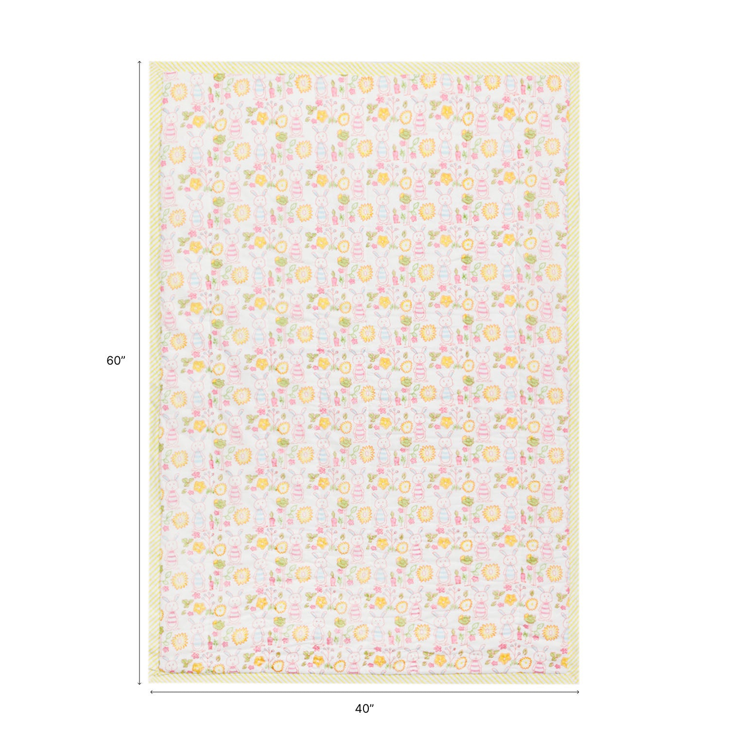 Size chart of Bunny’s Garden reversible block print quilt showing dimensions of 60 inches x 40 inches