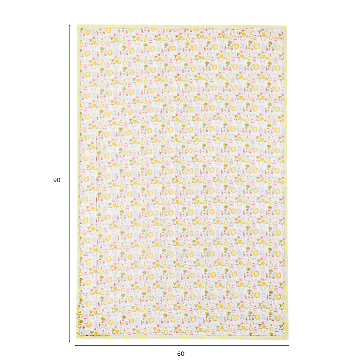 Size chart of Bunny’s Garden reversible block print quilt showing dimensions of 60 inches x 90 inches suitable for a single bed