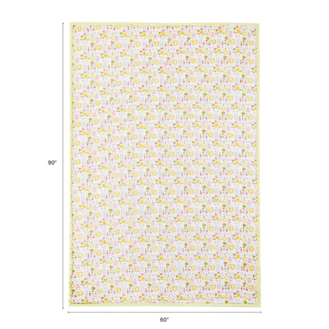 Size chart of Bunny’s Garden reversible block print quilt showing dimensions of 60 inches x 90 inches suitable for a single bed
