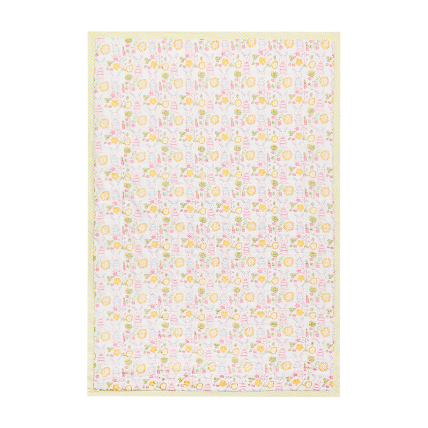 Back side of a reversible cotton quilt featuring coordinated bunny and garden block print patterns in soft pastel colours