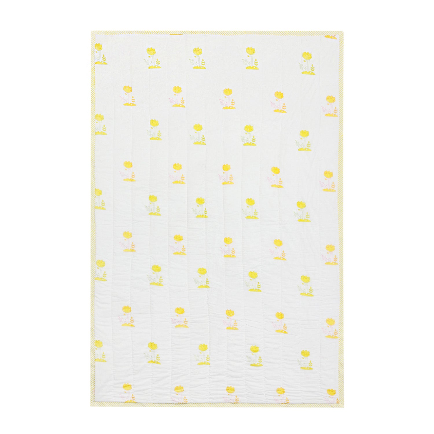 Back side of a reversible cotton quilt showing coordinated bunny garden patterns in light multicolour tones on breathable cotton fabric