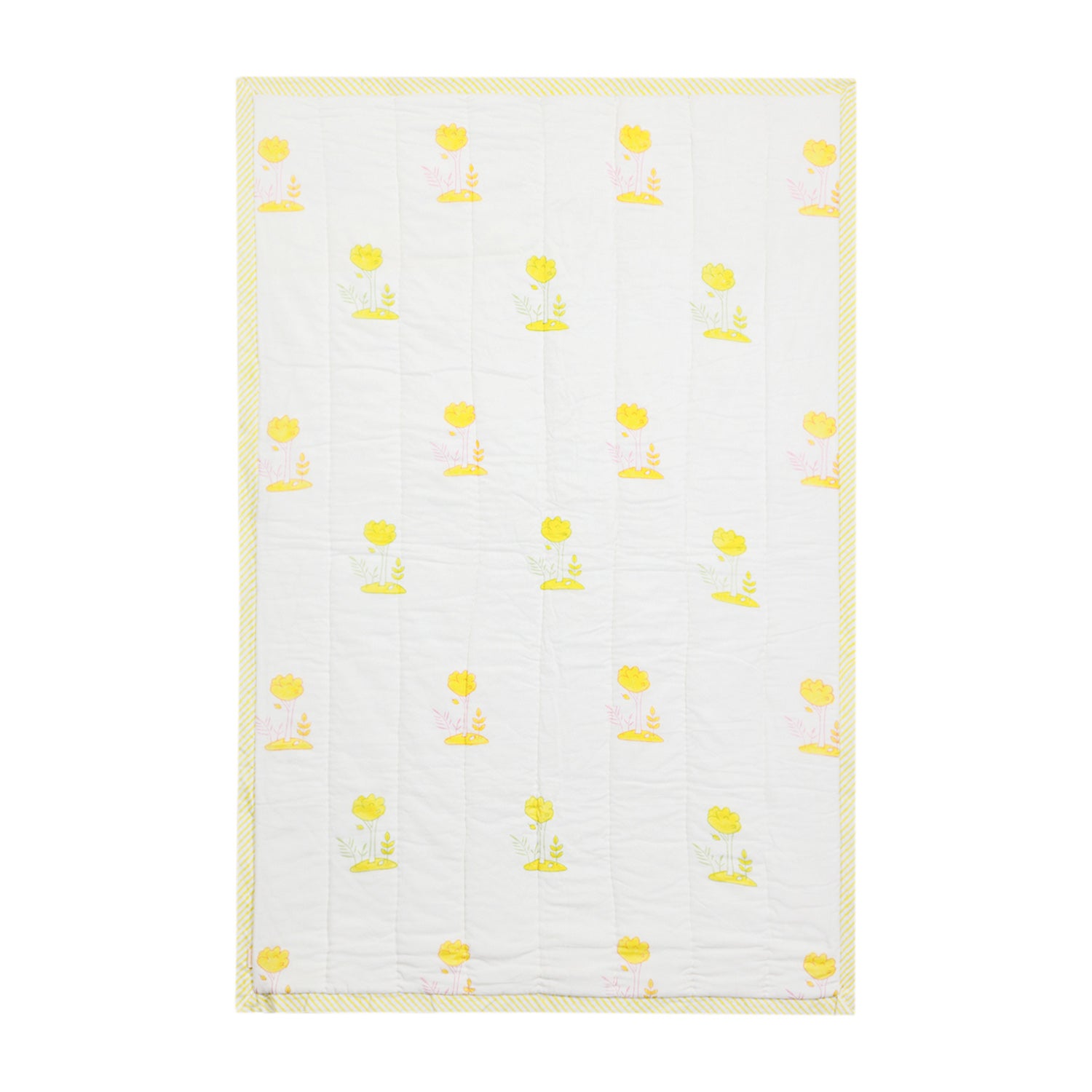 Front side of a 40x60 reversible cotton quilt with playful bunny and garden motifs on a white base with multicolour detailing