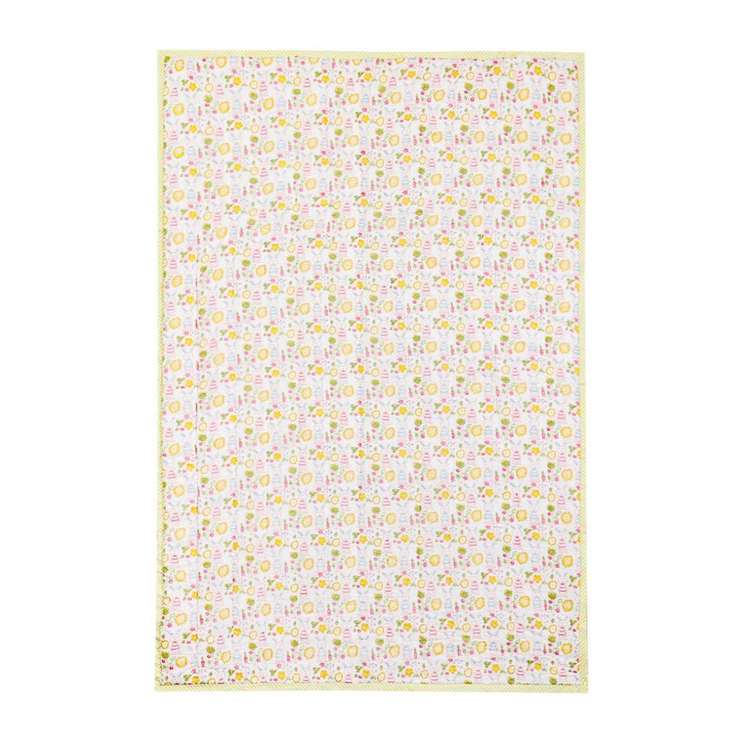 Full view of a 60x90 reversible cotton quilt featuring bunny garden motifs on a white base with soft multicolour detailing