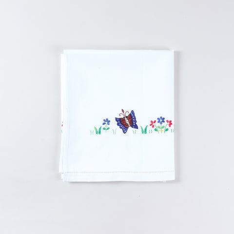 Embroidered kids bedsheet and pillow cover set featuring colourful butterfly and flower motifs with fine hand embroidery on white cotton