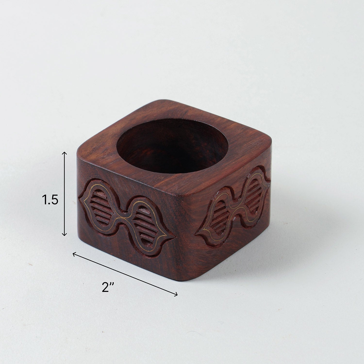 2 x 2 x 1.5 inch wooden napkin ring size guide with butterfly motif and brass inlay detailing