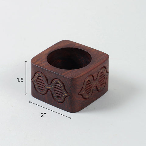 2 x 2 x 1.5 inch wooden napkin ring size guide with butterfly motif and brass inlay detailing