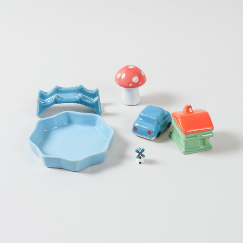 Ceramic mini garden accessories set of 6 featuring a hut, windmill, bridge, car, mushroom, and plate, ideal for miniature garden decorations and miniature decor
