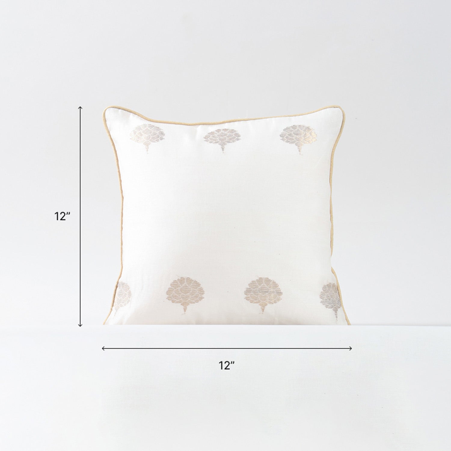 12 x 12 inch Chanderi cushion cover size guide featuring woven tree motifs and elegant traditional styling