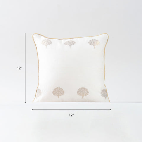 12 x 12 inch Chanderi cushion cover size guide featuring woven tree motifs and elegant traditional styling