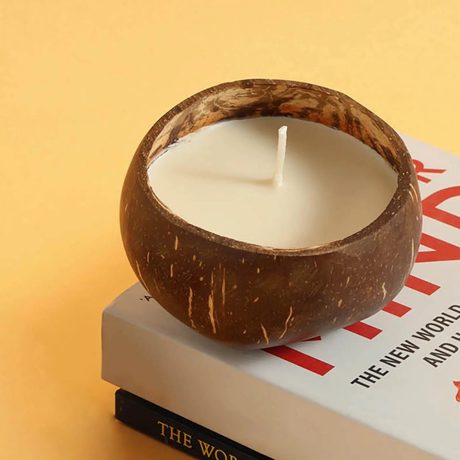 Handmade, eco-friendly, coconut shell soy wax candle with Choco Vanilla fragrance styled as a sustainable home décor accessory