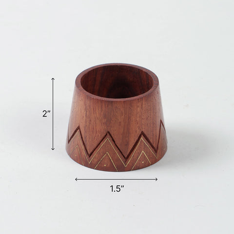 2 x 2 x 1.5 inch conical wooden napkin ring size guide with brass inlay detailing