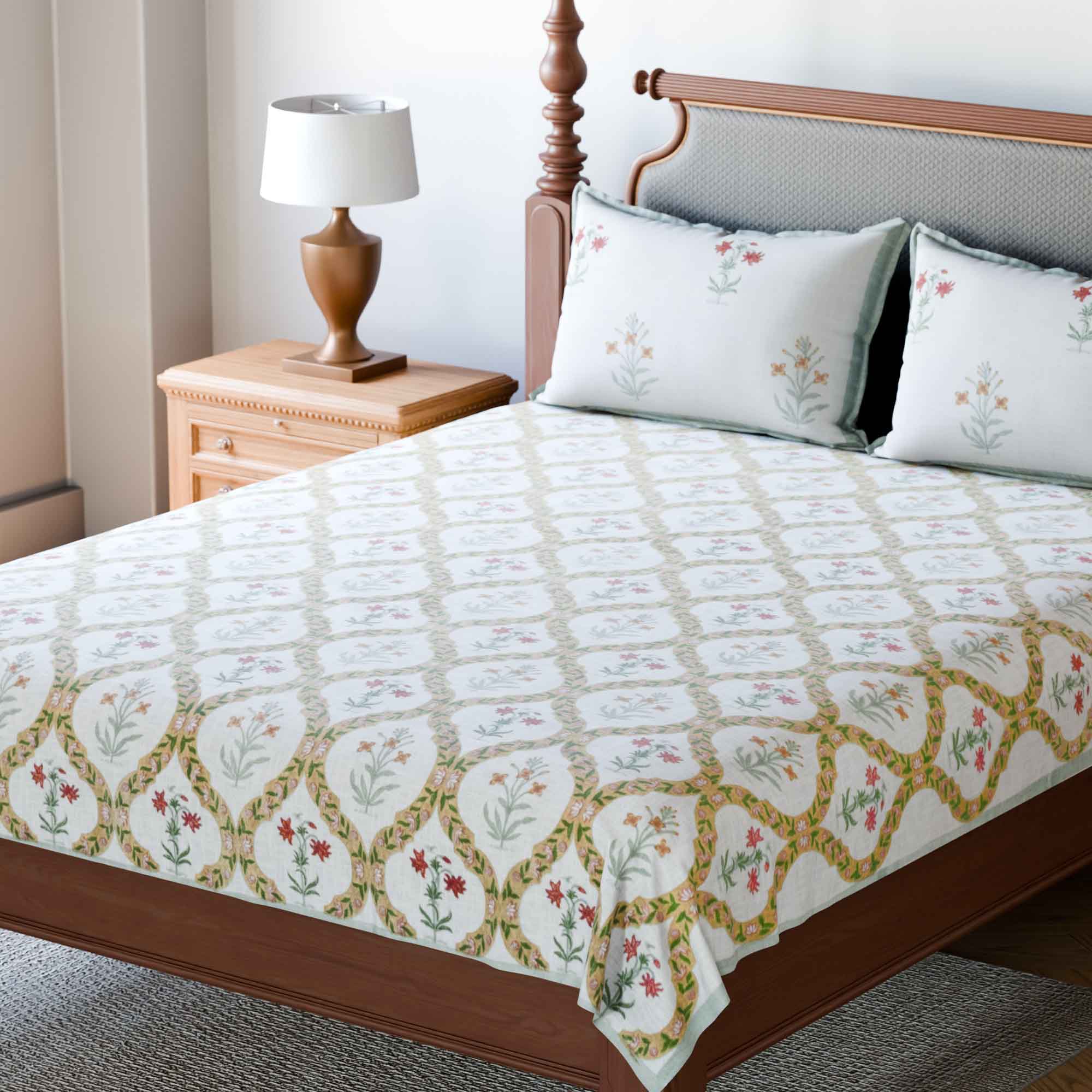 King-size Block Printed Bedcover & Pillow Cases - Ochre - Eyaas
