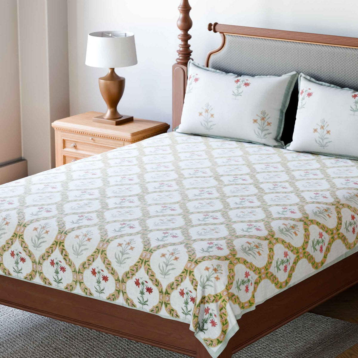 King-size Block Printed Bedcover & Pillow Cases - Ochre - Eyaas