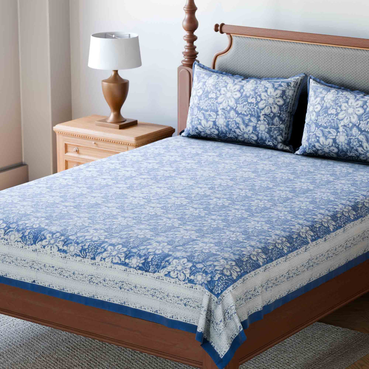 King-size Printed Bedcover With 2 Pillow Cases, Blue - Eyaas