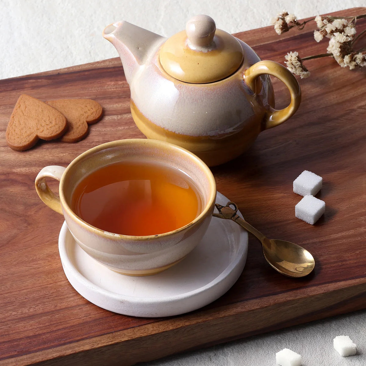 Ochre & Grey Ceramic Kettle with Cup Tea Set