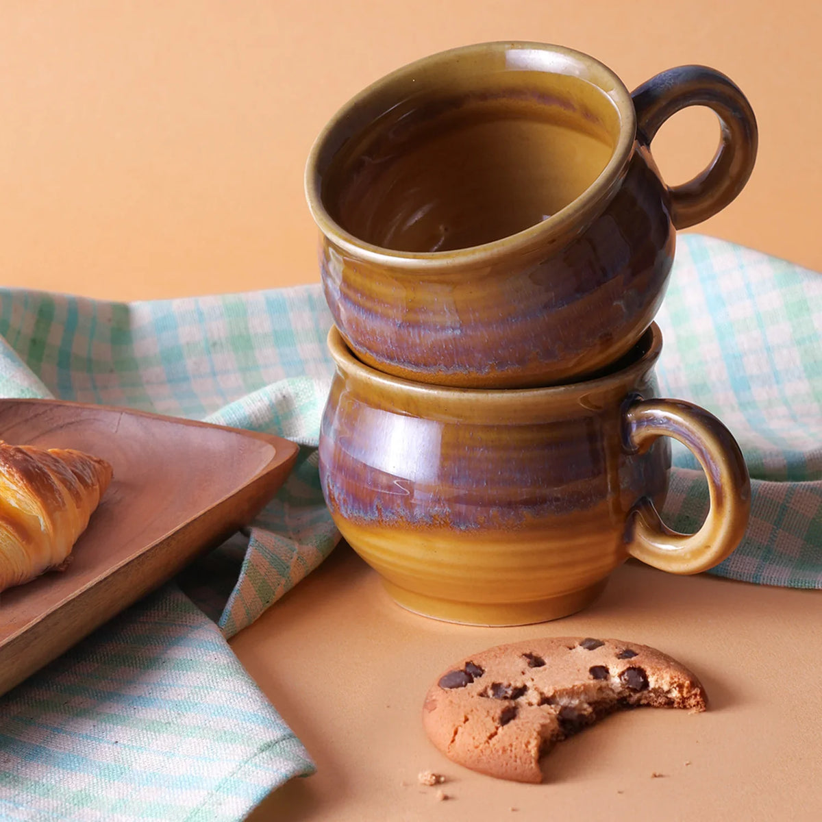 Ochre & Grey Ceramic Tea Cups Set of 2, Each of 200 ml