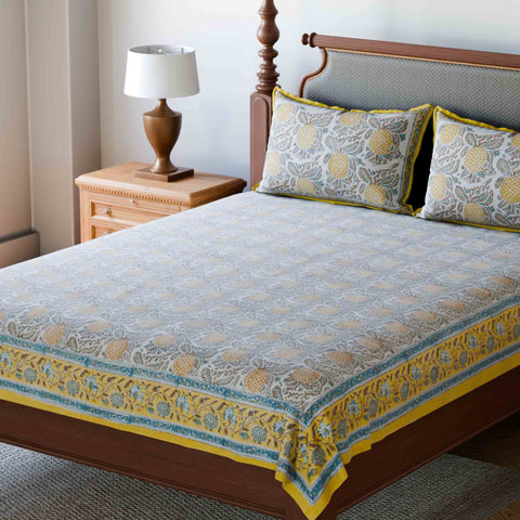 King-size Printed Bedcover With 2 Pillow Cases, Yellow & Blue - Eyaas