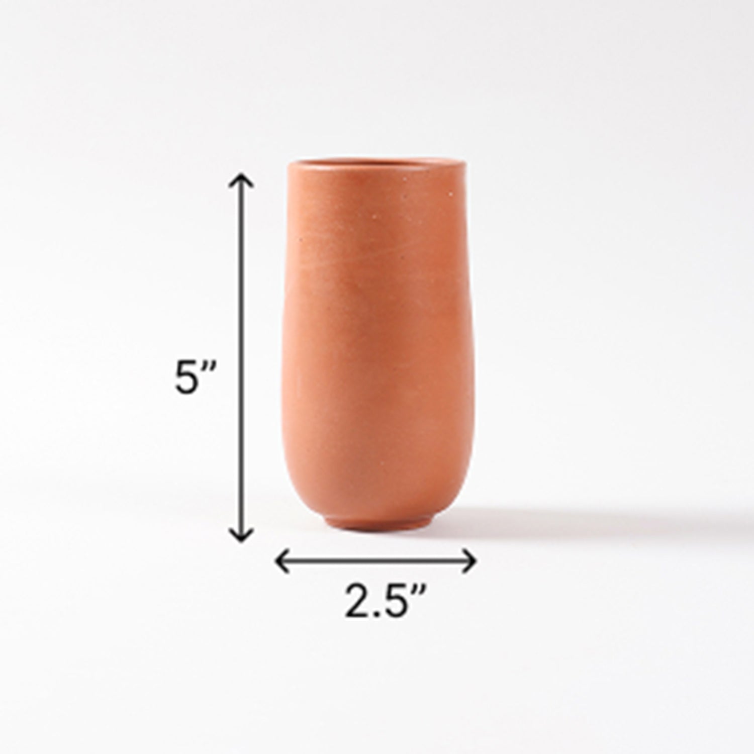 Size chart of terracotta glass set showing dimensions of 2.5 inches diameter, 5 inches height, and 320 ml capacity per tumbler
